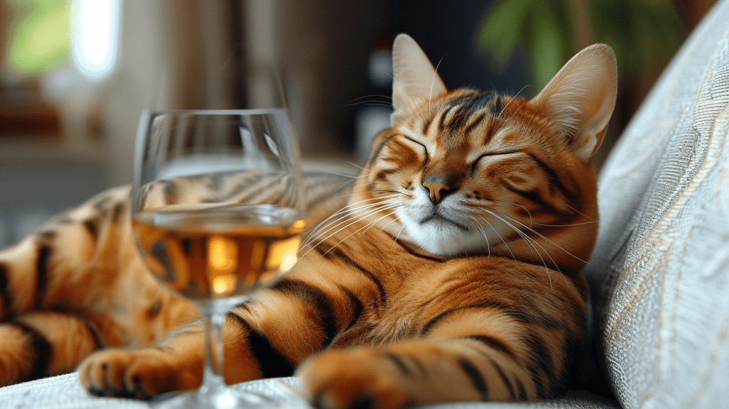Katze mit einem Glas Bio-Chardonnay-Weißwein